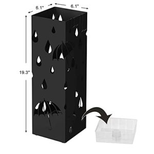 SONGMICS Metal Umbrella Stand, Square Umbrella Holder with Water Tray and Hooks, 6.1 x 6.1 x 19.3 Inches, Black ULUC49B