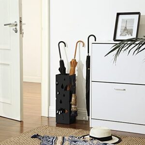 SONGMICS Metal Umbrella Stand, Square Umbrella Holder with Water Tray and Hooks, 6.1 x 6.1 x 19.3 Inches, Black ULUC49B