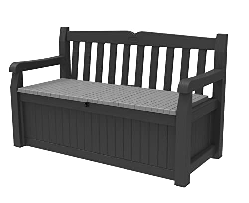 Keter Solana 70 Gallon Storage Bench Deck Box for Patio Furniture, Front Porch Decor and Outdoor Seating – Perfect to Store Garden Tools and Pool Toys, Grey