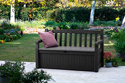 Keter Solana 70 Gallon Storage Bench Deck Box for Patio Furniture, Front Porch Decor and Outdoor Seating – Perfect to Store Garden Tools and Pool Toys, Grey