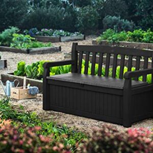 Keter Solana 70 Gallon Storage Bench Deck Box for Patio Furniture, Front Porch Decor and Outdoor Seating – Perfect to Store Garden Tools and Pool Toys, Grey