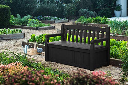 Keter Solana 70 Gallon Storage Bench Deck Box for Patio Furniture, Front Porch Decor and Outdoor Seating – Perfect to Store Garden Tools and Pool Toys, Grey