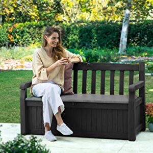 Keter Solana 70 Gallon Storage Bench Deck Box for Patio Furniture, Front Porch Decor and Outdoor Seating – Perfect to Store Garden Tools and Pool Toys, Grey