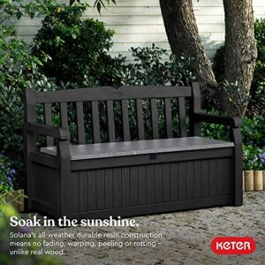 Keter Solana 70 Gallon Storage Bench Deck Box for Patio Furniture, Front Porch Decor and Outdoor Seating – Perfect to Store Garden Tools and Pool Toys, Grey