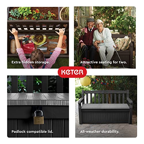 Keter Solana 70 Gallon Storage Bench Deck Box for Patio Furniture, Front Porch Decor and Outdoor Seating – Perfect to Store Garden Tools and Pool Toys, Grey