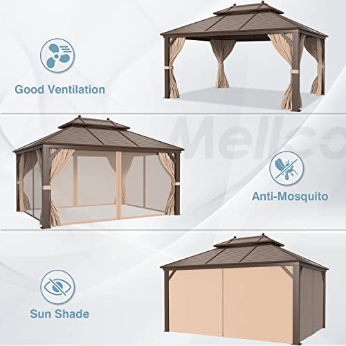 MELLCOM 10' x 13' Hardtop Gazebo, Galvanized Steel Metal Double Roof Aluminum Gazebo with Curtains and Netting, Brown Permanent Pavilion Gazebo with Aluminum Frame for Patios, Gardens, Lawns