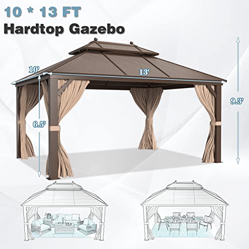 MELLCOM 10' x 13' Hardtop Gazebo, Galvanized Steel Metal Double Roof Aluminum Gazebo with Curtains and Netting, Brown Permanent Pavilion Gazebo with Aluminum Frame for Patios, Gardens, Lawns