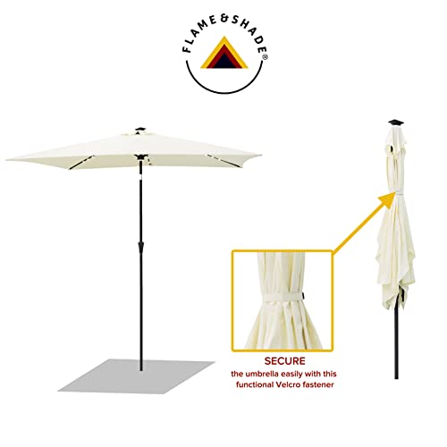 FLAME&SHADE 6.5 x 10 ft Rectangular Solar Powered Outdoor Market Patio Table Umbrella with LED Lights and Tilt, Ivory