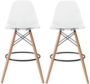 2xhome set of 2 modern 28″ plastic barstools with wooden dowel legs, contemporary armless counter stools with back and footrest, clear
