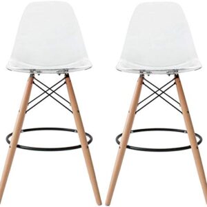 2xhome Set of 2 Modern 28" Plastic Barstools with Wooden Dowel Legs, Contemporary Armless Counter Stools with Back and Footrest, Clear