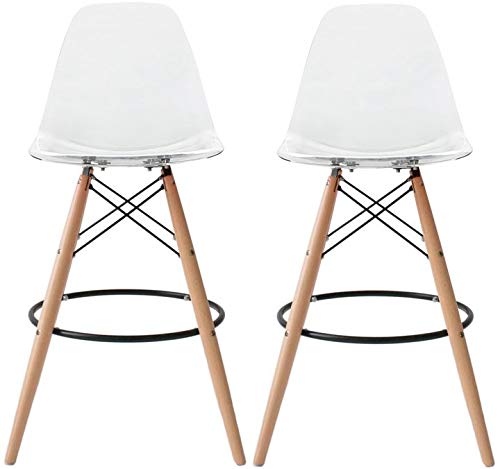 2xhome Set of 2 Modern 28" Plastic Barstools with Wooden Dowel Legs, Contemporary Armless Counter Stools with Back and Footrest, Clear