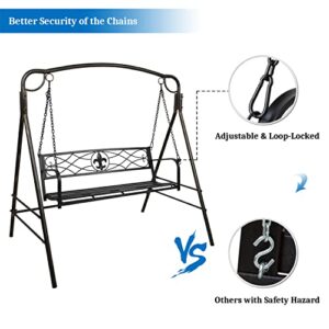 VINGLI Upgraded Metal Patio Porch Swing with A-Frame Stand, Powder Coated Steel Swing Seat Bench and Frame with Extra Side Bars, Heavy Duty 660 LBS Hanging Swing Set for Outdoor (Black)