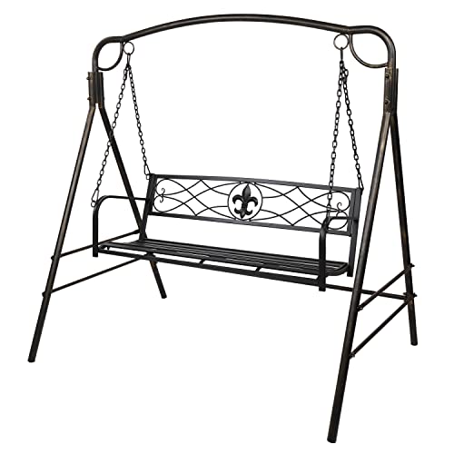 VINGLI Upgraded Metal Patio Porch Swing with A-Frame Stand, Powder Coated Steel Swing Seat Bench and Frame with Extra Side Bars, Heavy Duty 660 LBS Hanging Swing Set for Outdoor (Black)