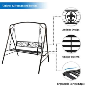 VINGLI Upgraded Metal Patio Porch Swing with A-Frame Stand, Powder Coated Steel Swing Seat Bench and Frame with Extra Side Bars, Heavy Duty 660 LBS Hanging Swing Set for Outdoor (Black)