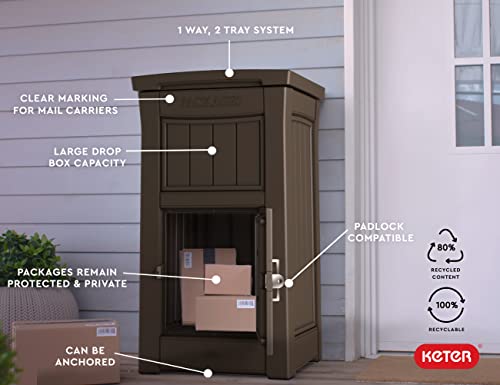 Keter Package Delivery Box for Porch with Lockable Secure Storage Compartment to Keep Packages Safe, Brown