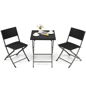 tangkula 3 piece patio bistro set, folding wicker chairs & table set, solid metal frame, outdoor patio furniture set for garden, front porch, poolside, no assembly needs (black)