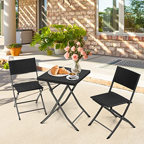 Tangkula 3 Piece Patio Bistro Set, Folding Wicker Chairs & Table Set, Solid Metal Frame, Outdoor Patio Furniture Set for Garden, Front Porch, Poolside, No Assembly Needs (Black)