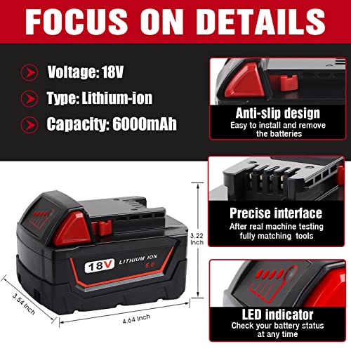 【3RD-Generation!】 TenHutt 2 Pack 6.0Ah M18 18V Replacement Battery for Milwaukee M18 Battery 48-11-1820 48-11-1850 48-11-1860 48-11-1828 48-11-10 for Milwaukee Cordless Power Tools Lithium Battery