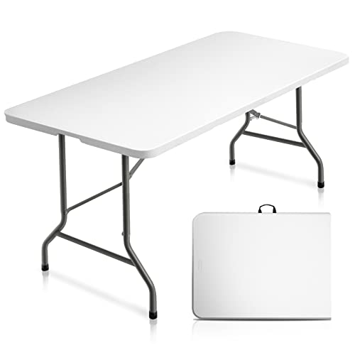 VINGLI 6 Foot Plastic Folding Table Portable Long White Table for Indoor Outdoor Use Rectangular with Carrying Handle