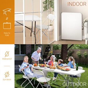 VINGLI 6 Foot Plastic Folding Table Portable Long White Table for Indoor Outdoor Use Rectangular with Carrying Handle