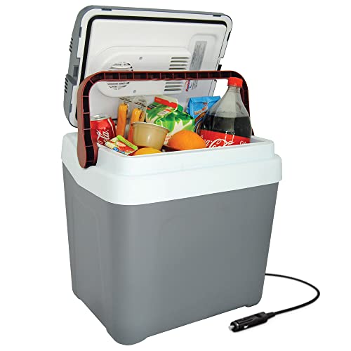 Koolatron Thermoelectric Iceless 12V Cooler 25 L (26 qt), Electric Portable Car Fridge w/ 12 Volt DC Power Cord, Gray/White, Travel Road Trips Camping Fishing Trucking, Made in North America