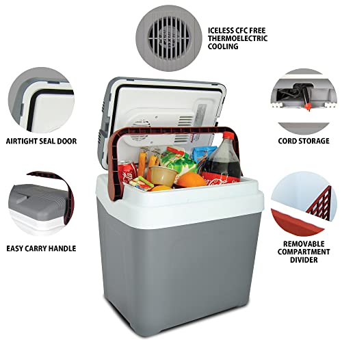 Koolatron Thermoelectric Iceless 12V Cooler 25 L (26 qt), Electric Portable Car Fridge w/ 12 Volt DC Power Cord, Gray/White, Travel Road Trips Camping Fishing Trucking, Made in North America