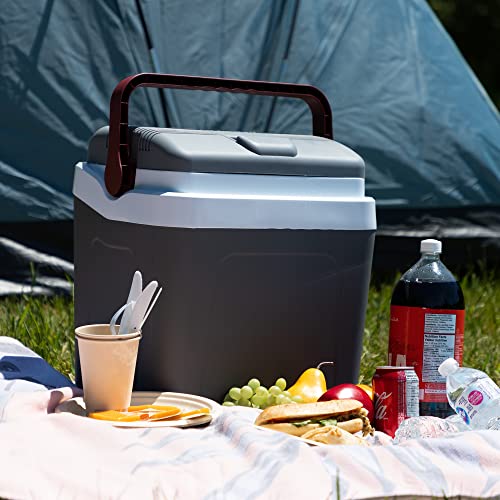 Koolatron Thermoelectric Iceless 12V Cooler 25 L (26 qt), Electric Portable Car Fridge w/ 12 Volt DC Power Cord, Gray/White, Travel Road Trips Camping Fishing Trucking, Made in North America