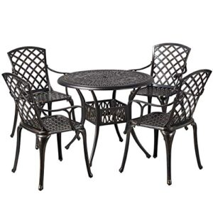yaheetech 5-piece outdoor furniture dining set, all-weather cast aluminum conversation set for yard garden deck, includes 4 chairs and 1 round table with umbrella hole