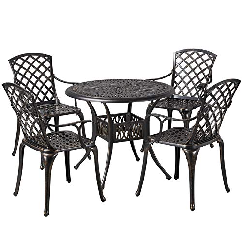 Yaheetech 5-Piece Outdoor Furniture Dining Set, All-Weather Cast Aluminum Conversation Set for Yard Garden Deck, Includes 4 Chairs and 1 Round Table with Umbrella Hole