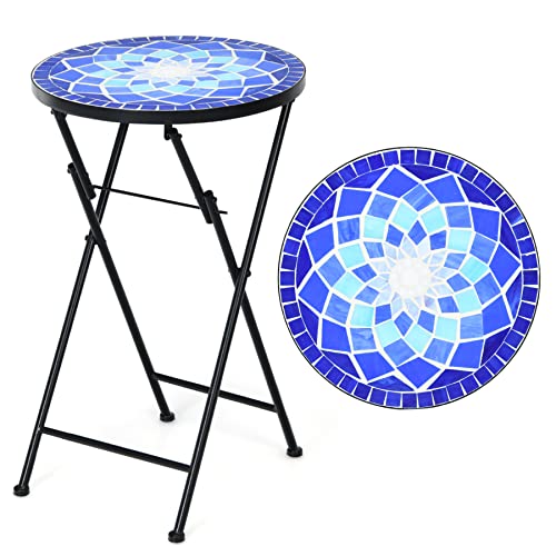 Tangkula 22”H Mosaic Plant Stand, Folding Outdoor Side Table, Round Patio End Table, 14” Ceramic Tile Top Metal Frame, Small Bistro Coffee Table, Outdoor Indoor Accent Table for Porch Garden Balcony