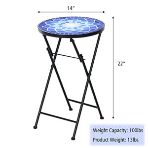 Tangkula 22”H Mosaic Plant Stand, Folding Outdoor Side Table, Round Patio End Table, 14” Ceramic Tile Top Metal Frame, Small Bistro Coffee Table, Outdoor Indoor Accent Table for Porch Garden Balcony