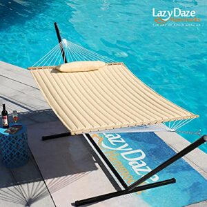 Lazy Daze Hammocks 12FT Quilted Fabric Double Hammock with Pillow, 2 Person Hammock with Spreader Bar for Outdoor Outside Patio Garden Yard Pool Beach (Linen)