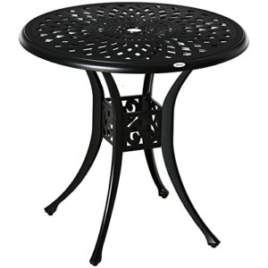 outsunny 30″ round patio dining table with umbrella hole, antique cast aluminum outdoor bistro table only, black
