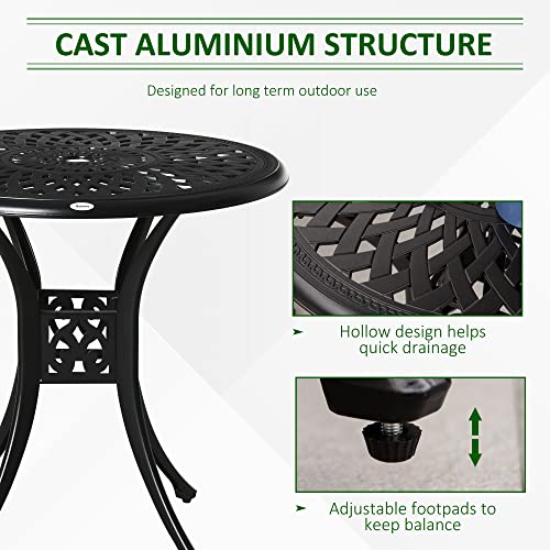 Outsunny 30" Round Patio Dining Table with Umbrella Hole, Antique Cast Aluminum Outdoor Bistro Table Only, Black