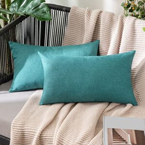 miulee pack of 2 decorative outdoor solid waterproof throw pillow covers polyester linen garden farmhouse cushion cases for patio tent balcony couch sofa 12×20 inch turquoise