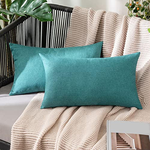 MIULEE Pack of 2 Decorative Outdoor Solid Waterproof Throw Pillow Covers Polyester Linen Garden Farmhouse Cushion Cases for Patio Tent Balcony Couch Sofa 12x20 inch Turquoise