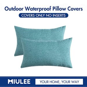 MIULEE Pack of 2 Decorative Outdoor Solid Waterproof Throw Pillow Covers Polyester Linen Garden Farmhouse Cushion Cases for Patio Tent Balcony Couch Sofa 12x20 inch Turquoise