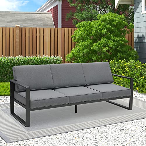 May in Color Aluminum Patio Furniture Couch, Metal Contemporary 3-Seat Sofa Chair with Cushion and Waterproof Cover, Modern Grey