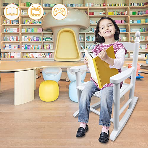 Pvillez Childs Rocking Chairs, Classic Wooden Rockers for Boys and Girls, Indoor and Outdoor Kids Rocking Chair for Sun Rooms, Porches, Living Rooms, Bedrooms, Nursery, White