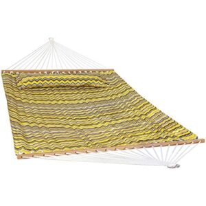 sunnydaze 2-person quilted printed fabric spreader bar hammock and pillow – large modern hammock with metal s hooks and hanging chains – heavy duty 450-pound weight capacity – yellow and gray chevron