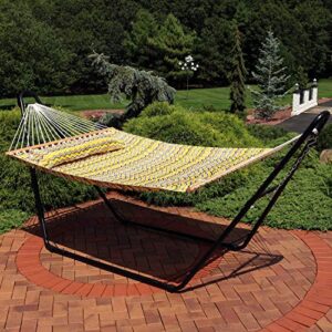 Sunnydaze 2-Person Quilted Printed Fabric Spreader Bar Hammock and Pillow - Large Modern Hammock with Metal S Hooks and Hanging Chains - Heavy Duty 450-Pound Weight Capacity - Yellow and Gray Chevron