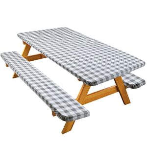 aksipo vinyl picnic tablecloths and bench covers, waterproof picnic table and bench seat covers with elastic edges for outdoor patio park, gray checkered flannel backed lining, 72 inch 3 piece set