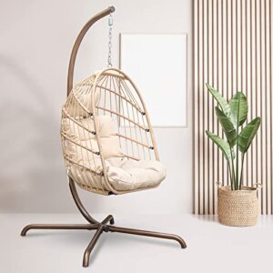 radiata foldable wicker rattan hanging egg chair with stand, swing chair with cushion and pillow, lounging chair for indoor outdoor bedroom patio garden (beige with stand)