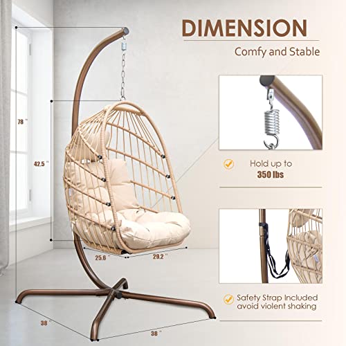 RADIATA Foldable Wicker Rattan Hanging Egg Chair with Stand, Swing Chair with Cushion and Pillow, Lounging Chair for Indoor Outdoor Bedroom Patio Garden (Beige with Stand)