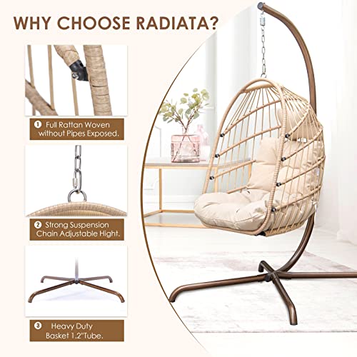 RADIATA Foldable Wicker Rattan Hanging Egg Chair with Stand, Swing Chair with Cushion and Pillow, Lounging Chair for Indoor Outdoor Bedroom Patio Garden (Beige with Stand)