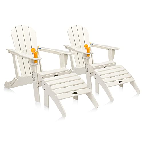 VINGLI Plastic Adirondack Chairs Set of 2 with Ottoman, Folding with Cup Holder, Waterproof HDPE Material, 380lb Weight Capacity for Outdoor Pool Patio Lounge Chair Lawn Furniture Firepit (White)