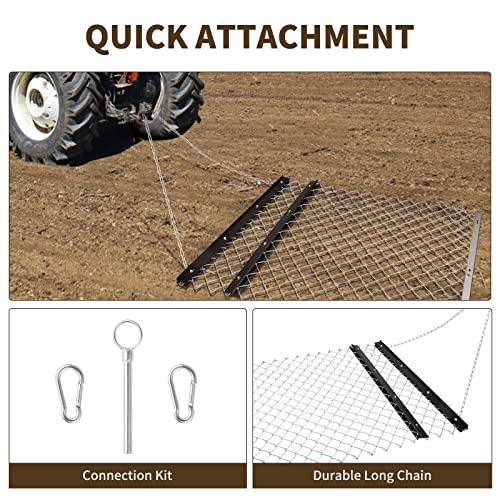 TMEE 4' x 5'ATV Drag Harrow,UTV Tractor Attachment,Chain Harrow for Landscape Leveling or Sod Prepping,Durable Harrow Rake for Gravel Driveway, Farm Field Garden Black