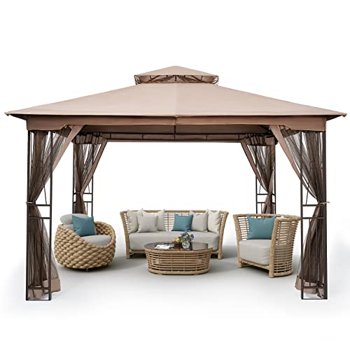 HAPPATIO 10' X 12' Outdoor Patio Gazebo, Outdoor Canopy Gazebo for Garden,Yard,Patio with Ventilation Double Roof with Mosquito Netting,Light Brown