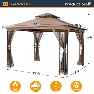 HAPPATIO 10' X 12' Outdoor Patio Gazebo, Outdoor Canopy Gazebo for Garden,Yard,Patio with Ventilation Double Roof with Mosquito Netting,Light Brown