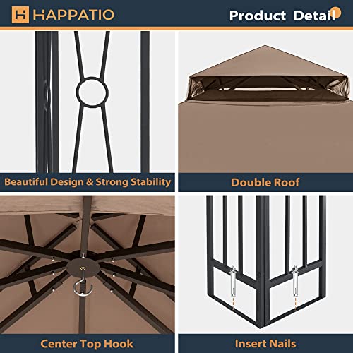 HAPPATIO 10' X 12' Outdoor Patio Gazebo, Outdoor Canopy Gazebo for Garden,Yard,Patio with Ventilation Double Roof with Mosquito Netting,Light Brown